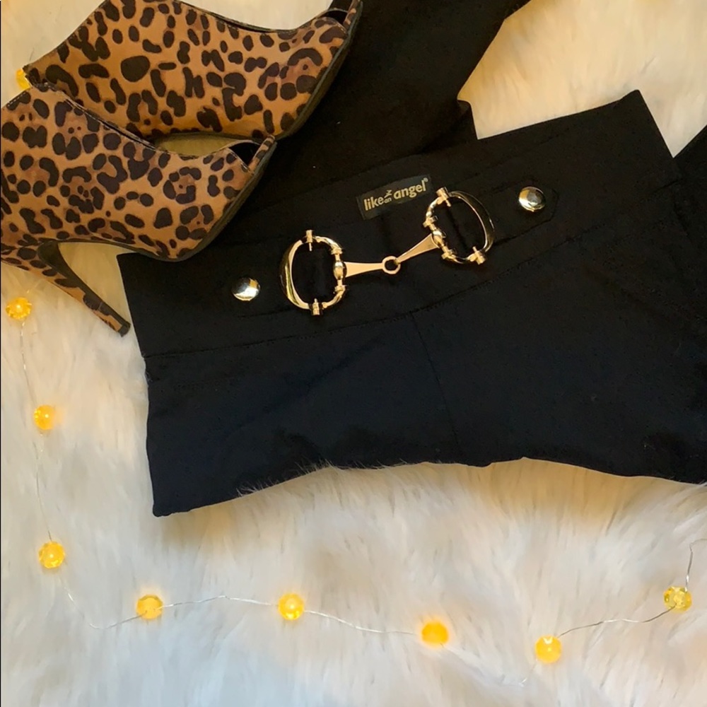 Black Stretch Skinny Slacks with gold accent